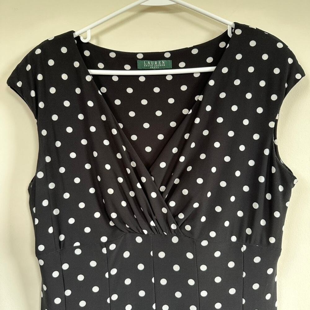 Lauren Ralph Lauren Dress V-Neck Short Sleeve Fit & Flare Black Polka Dot Sz Med - Picture 2 of 9